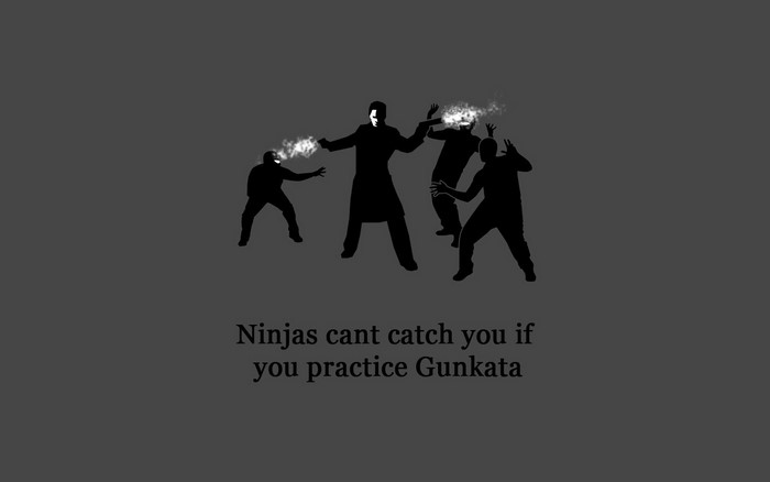 Silhouettes of people practicing Gunkata with smoke effects