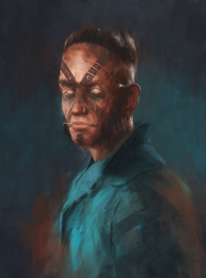 Painting of a man with tribal markings and white eyes