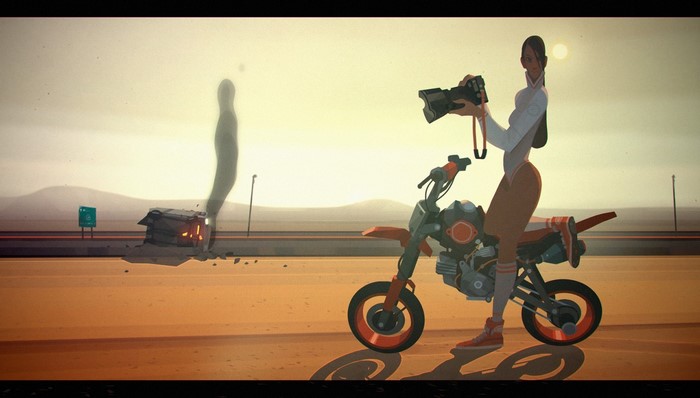 Woman on a motorcycle taking a photo