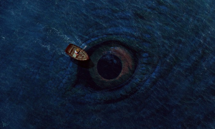 A small boat near a giant eye in the sea