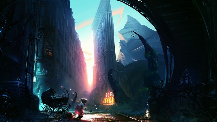 Fantasy city street with a child and a baby carriage