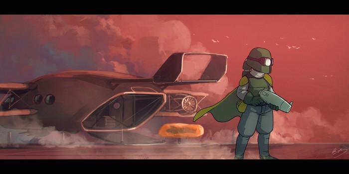 Character with a gun next to a futuristic aircraft