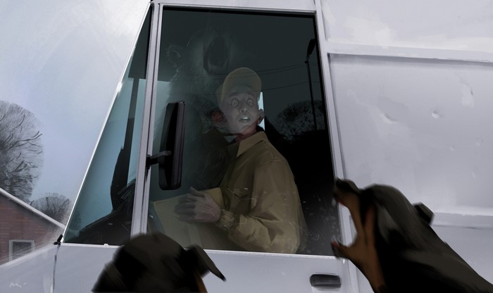 Delivery driver startled by dogs at window