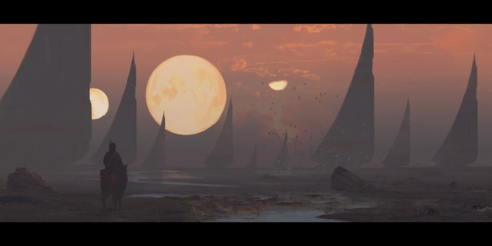 Alien landscape with giant moons and a lone rider