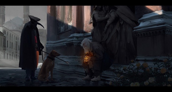 Plague Doctor with Dog and Man holding Lantern