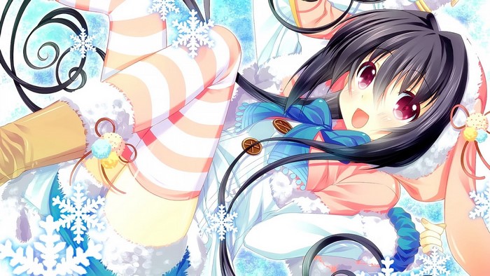 Anime girl with black hair and red eyes in winter attire