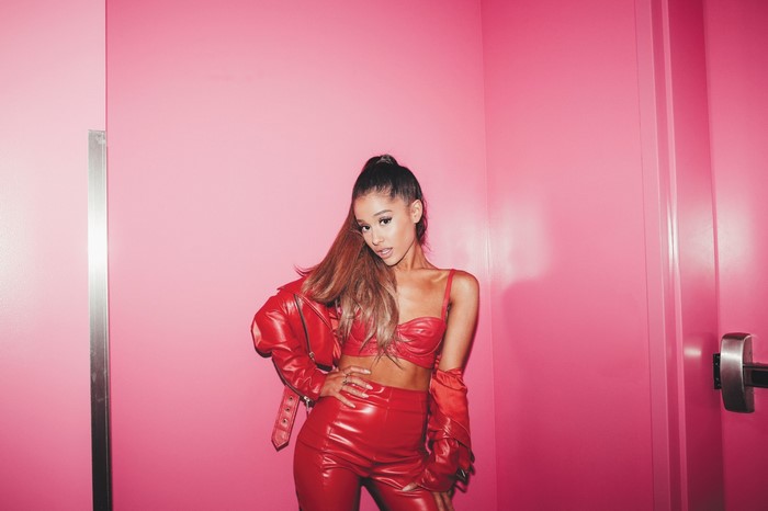 Ariana Grande in red leather outfit