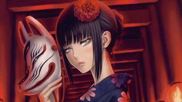 Anime girl holding a fox mask