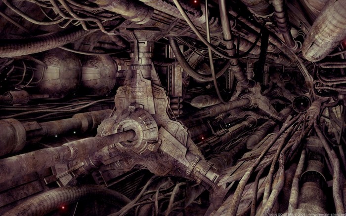 Digital art of a complex network of pipes and wires