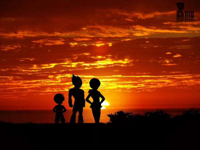 Vegeta, Bulma, and Trunks from Dragon Ball Super at sunset