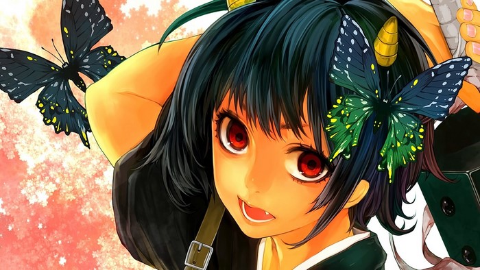 Anime girl with red eyes and butterflies