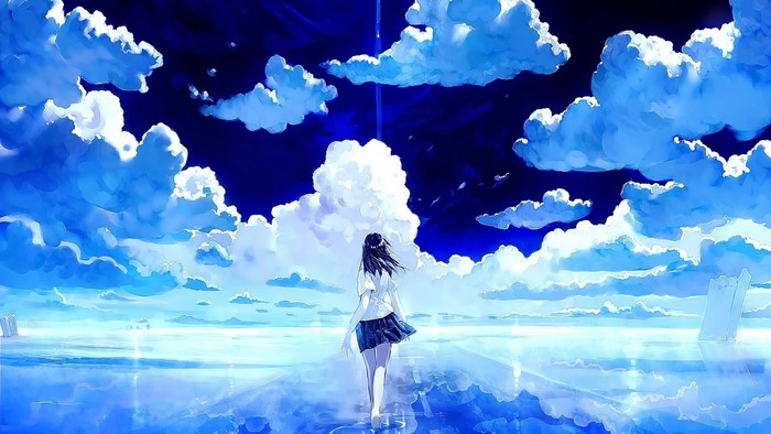 Anime Girl Walking on Reflective Water Under Blue Sky