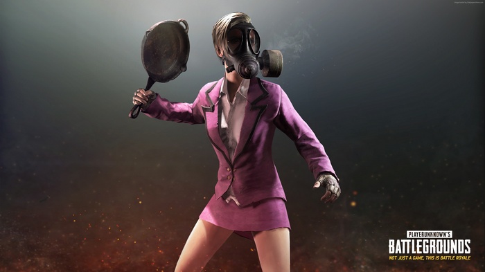 PlayerUnknown's Battlegrounds character with gas mask and frying pan