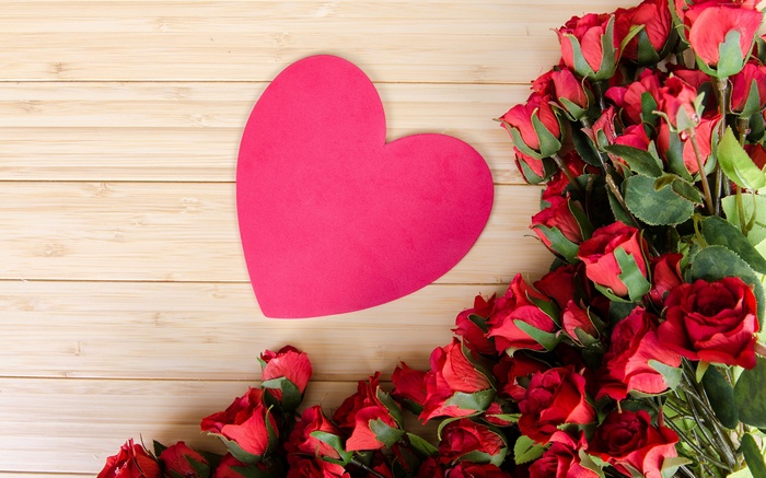 Red Roses and Pink Heart on Wood Background 4K