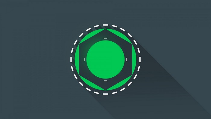 Abstract green hexagon and circle logo with dashed outline