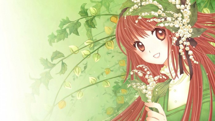 Anime girl with red hair and lily of the valley flowers