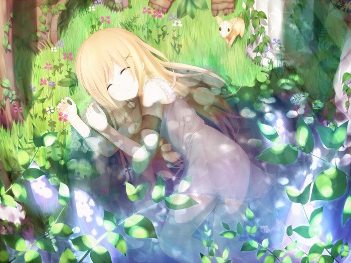 Anime girl sleeping in a magical forest with a small dog
