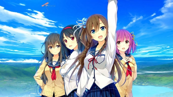 Four anime girls in school uniforms under a blue sky