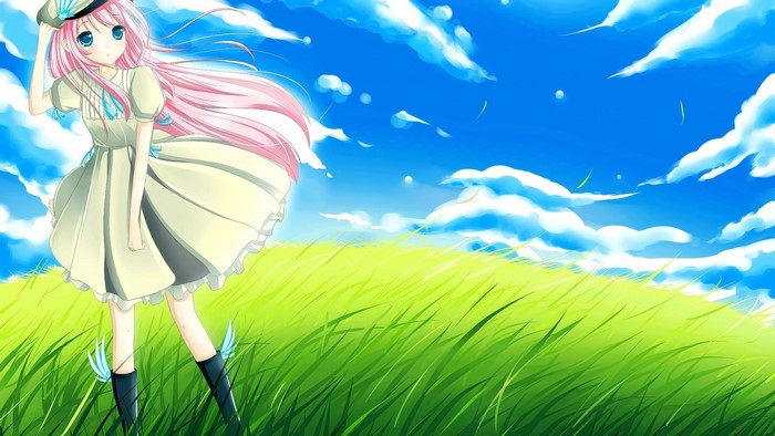 Anime girl with pink hair in a field under a blue sky