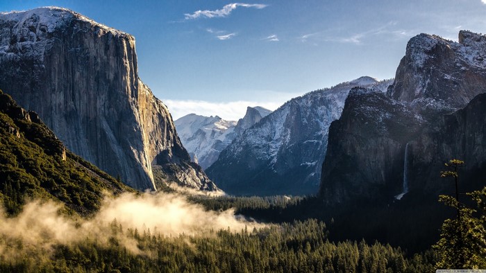 Yosemite National Park Valley with Mountains and Fog