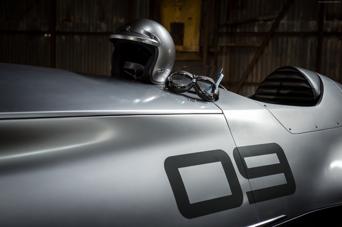 Infiniti Prototype 9 electric car with helmet and goggles