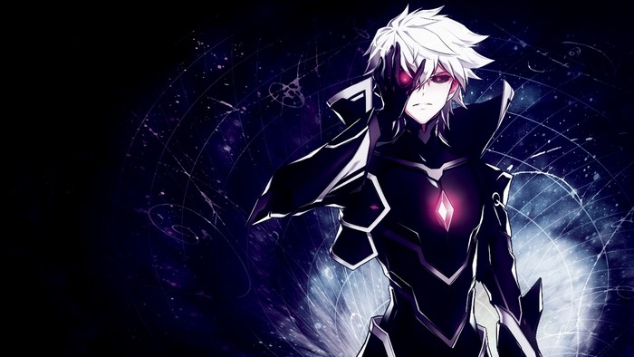 Elsword in dark armor with purple eyes