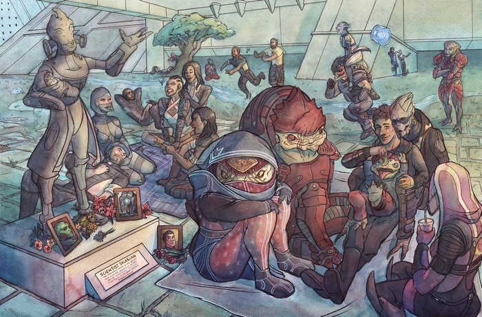 Mass Effect characters gathered for a memorial picnic