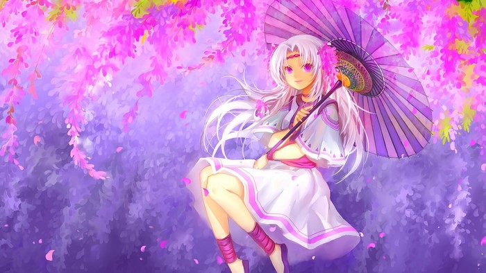 Anime girl with white hair holding a purple umbrella