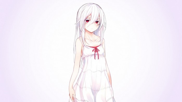 Anime girl with white hair and red eyes in a white dress
