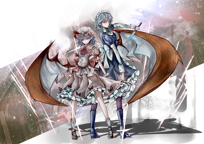 Two anime girls with wings and red eyes