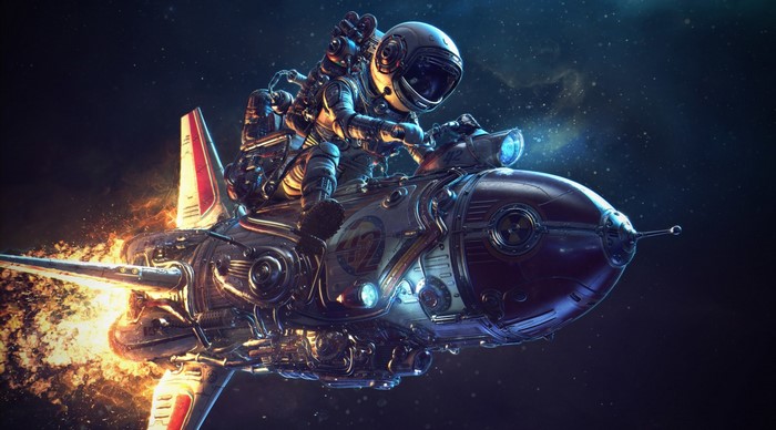 Astronaut riding a steampunk rocket through space