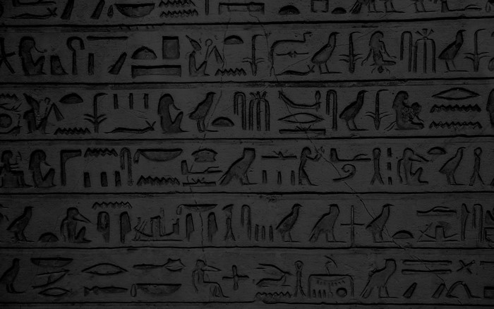 Ancient Egyptian Hieroglyphs carved into a dark stone wall