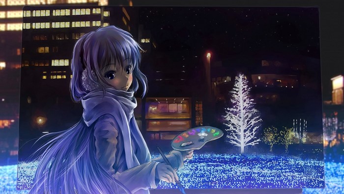 Anime girl painting a night cityscape with Christmas lights