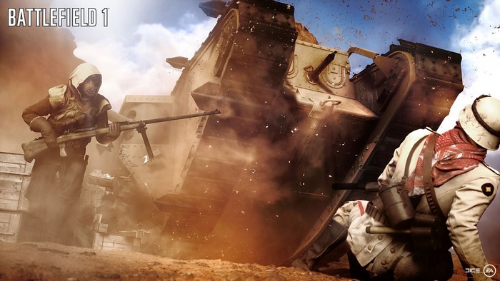 Soldiers and tank in Battlefield 1