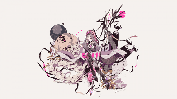 Anime girl with staff and horns, surrounded by flowers and abstract shapes