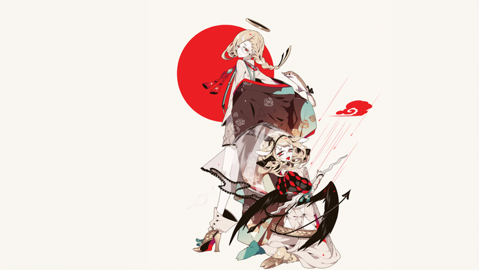 Anime illustration of two girls with Japanese flag motif