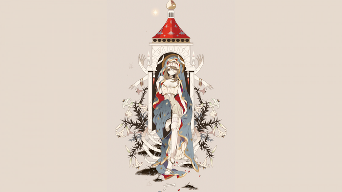 Anime girl in a shrine with lilies and bones