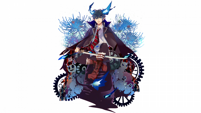 Okumura Rin from Blue Exorcist with blue flames and katana