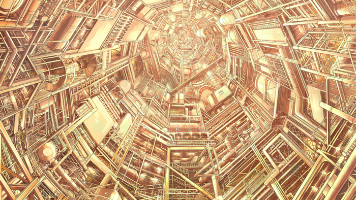 Anime industrial complex with intricate pipework