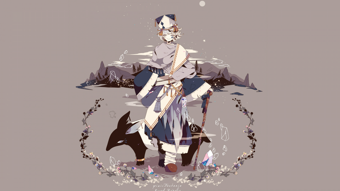Anime character with tapir in a mountainous landscape