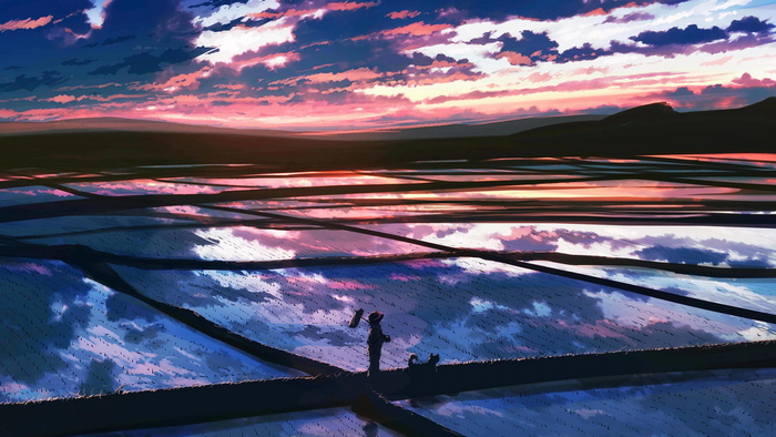 Anime landscape with person and dog at sunset