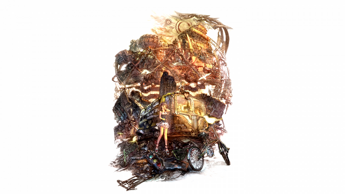 Anime characters in a mechanical, urban landscape