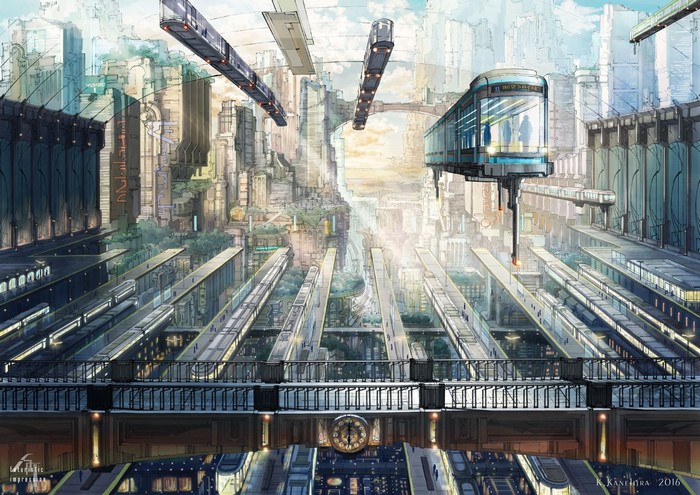 Futuristic anime cityscape with elevated trains and skyscrapers