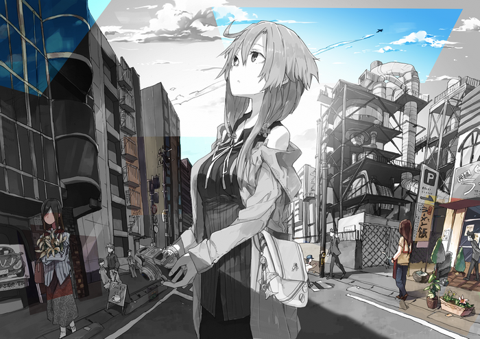 Anime girl with camera in a city street