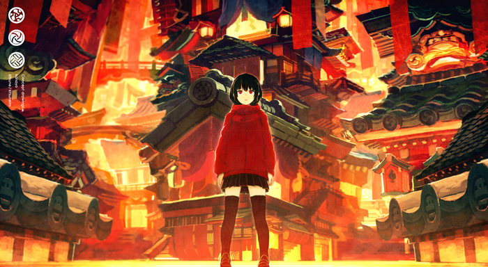 Anime girl in red hoodie in Japanese village
