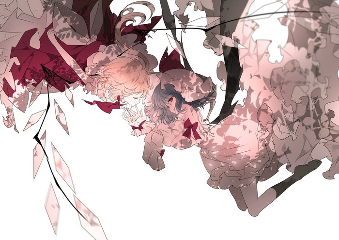 Two anime girls in dresses with red bows