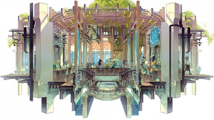 People in a multi-level cafe with plants and architecture