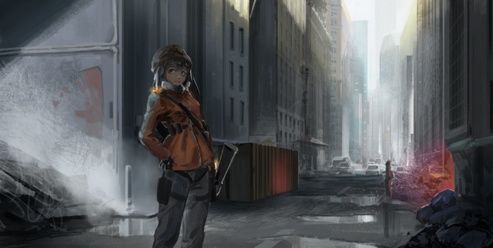 Anime girl in orange jacket in The Division cityscape