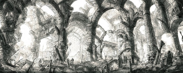 Ruined ancient stone structure with arches and columns