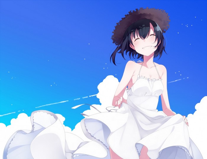 Anime girl in white dress and hat under blue sky